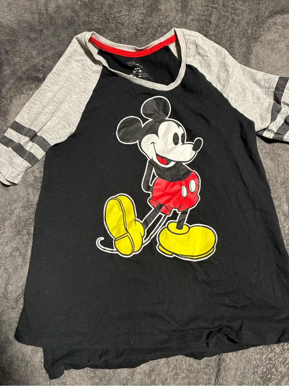 Disney Black Raglan Tee with Mickey Graphic and Red & Yellow Accents